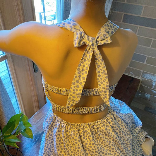 Blue Halter Neck Vintage Dress with Floral Print