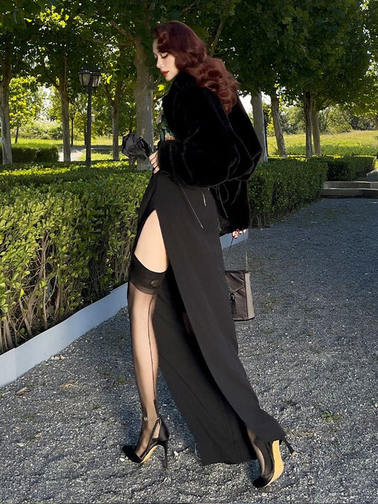 Floral Print Bodice Black Thigh-high Slit Vintage Slip Dress with Underwire Cups