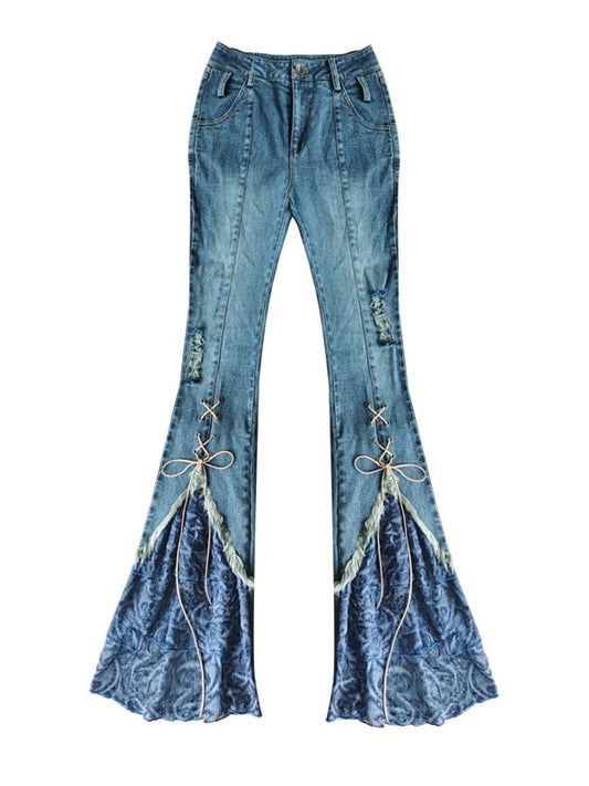 Patchwork Design Denim Flare Pants Lace-up Detail