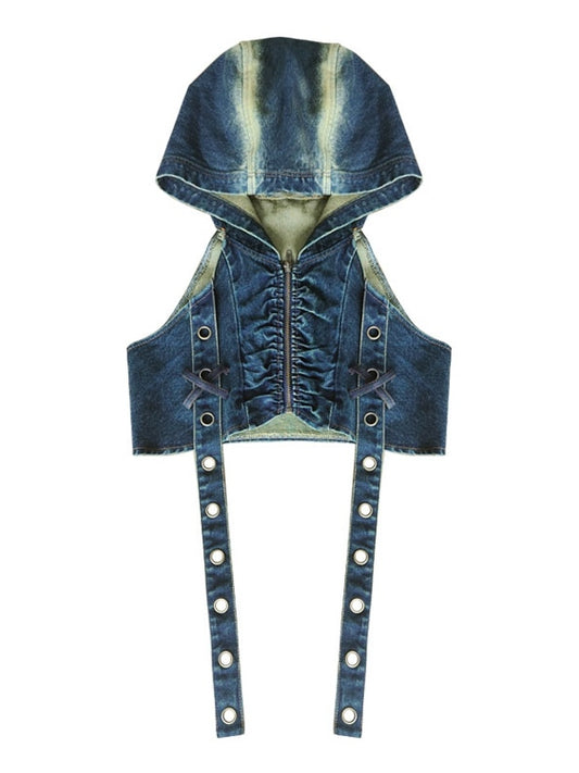 Dune Inspired Punk Straps Design Hooded Denim Top