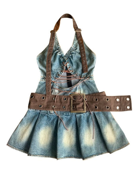 Cutout Detail Halter Neck Denim Dress Pleated Skirt
