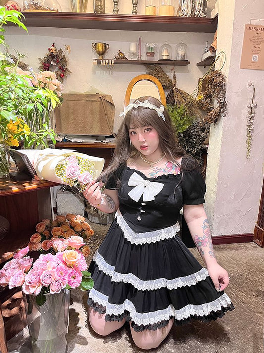 Plus Size-Black Puff Sleeves Blouse + Tiered Skirt and Flounce Hem Skirt