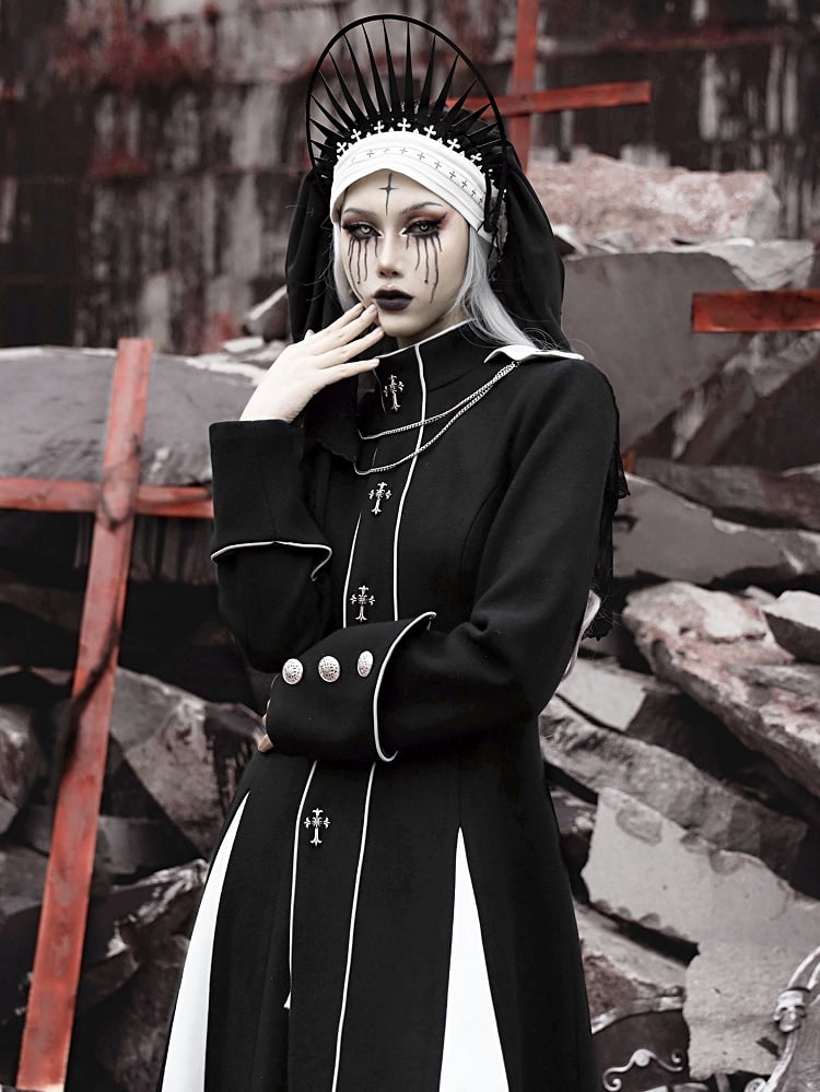Black and White High Neck Metal Cross Decorated Gothic Woolen Coat