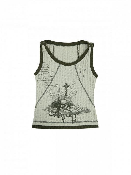 Punk Skull Print Light Green Knitted Tank Top