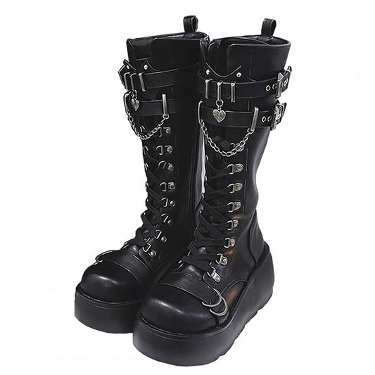 Lace-up and Buckle Straps Matte Black Platform Boots