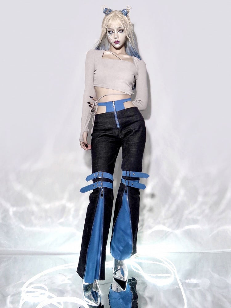 Asymmetrical Waist Long Sleeves Shinny Gray Knitted Top