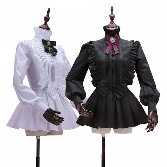 Stand Collar Long Sleeves Flounce Hem Vintage Blouse