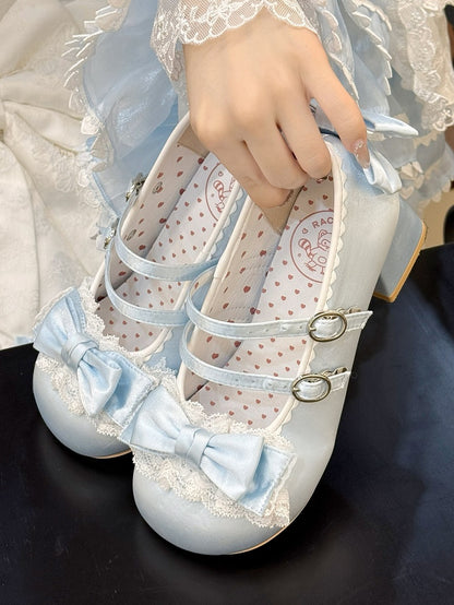 Blue Sweet Lolita Mid-heel Shoes - Round Toe with Ruffle Lace, Bow Decor & Paired Buckles