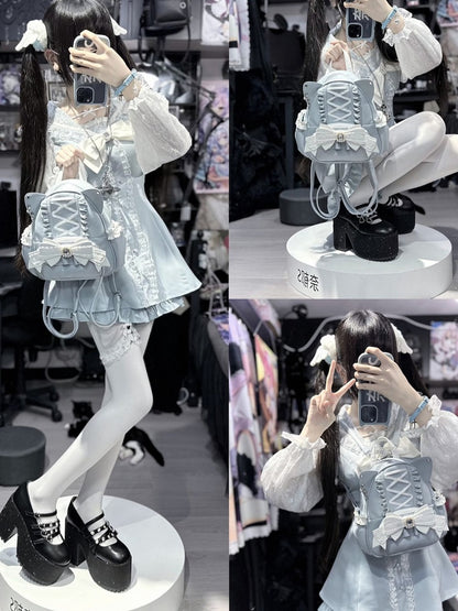 Jirai Kei Light Blue Cat Ear Backpack With Beaded and Rhinestone Bow