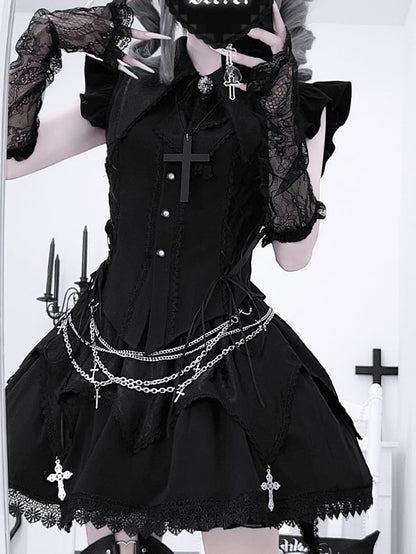 Pointed Flat Collar Flutter Sleeves Sleeveless Top with Cross Embellished Skirt Black Gothic Set