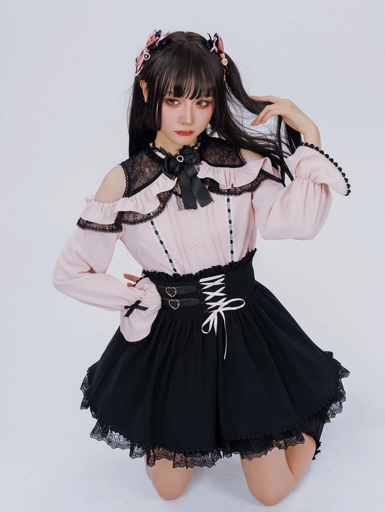 Jirai Kei Open Shoulders Long Sleeves Black and Pink Blouse