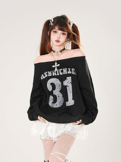 Black/White Off-the-shoulder Neckline Number Print Summer Sweatshirt