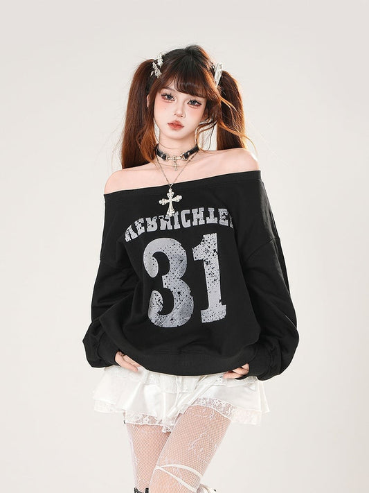 Black/White Off-the-shoulder Neckline Number Print Summer Sweatshirt