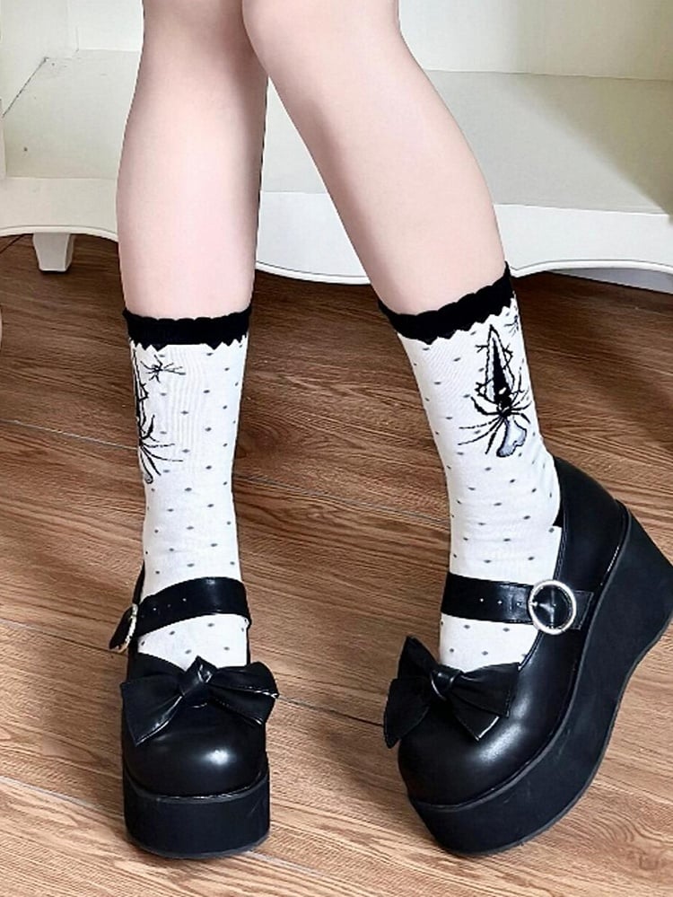 Black Sword Spider Polka-dot Pattern Lolita Calf Socks
