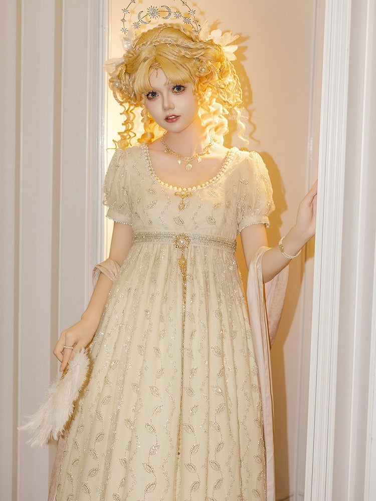 Allover Beaded Leaves Design Beige Empire Waist Elegant Lolita One Piece Long/Short Version