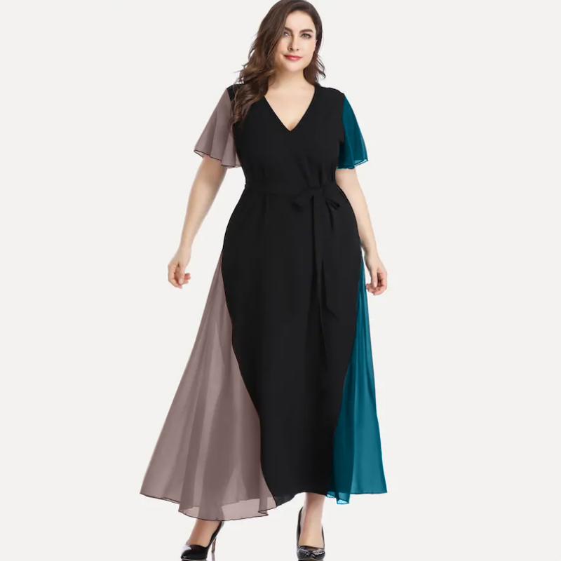 Summer contrasting stitching skinny V-neck dress women's plus size