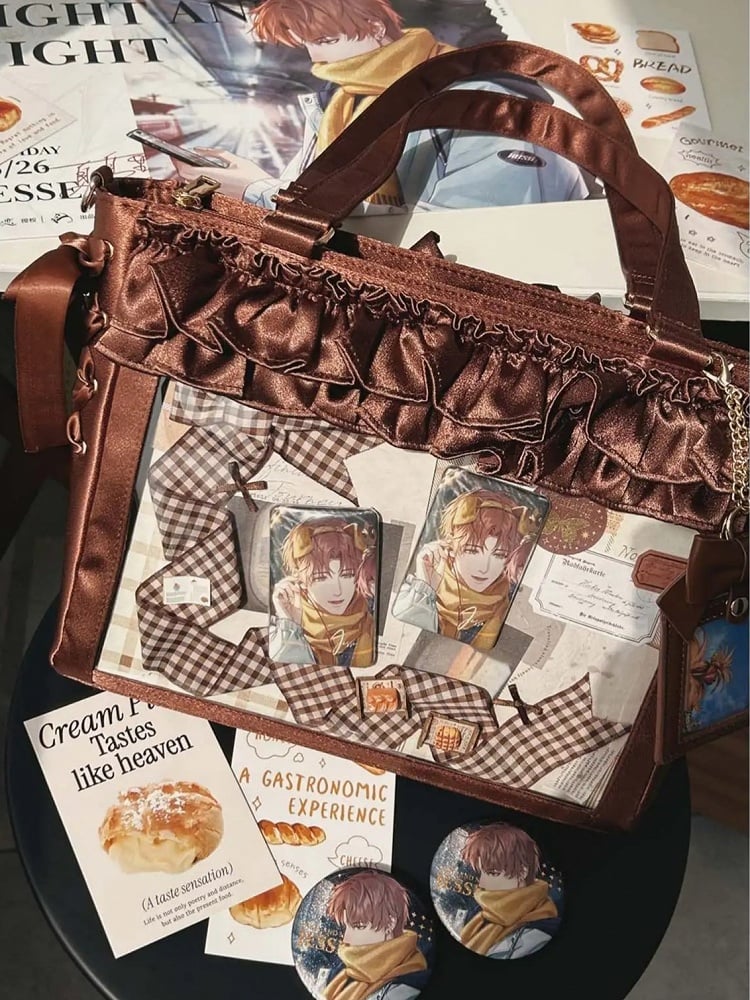 Brown Satin Ruffle Trims Self-tie Straps Ita Bag With Bow Card Holder