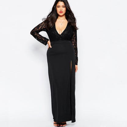 Plus Size Side Slit Lace Dress V-Neck Sexy Midi Dress Skirt
