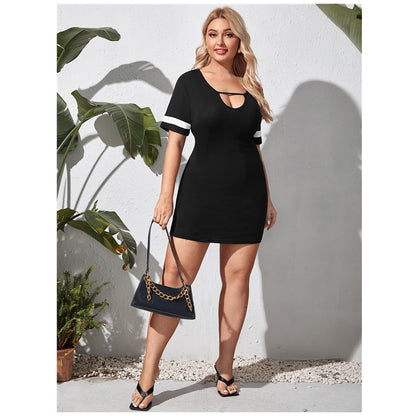 Color-Blocked Short Sleeve Dress Plus Size Chest Cutout Hip Skirt