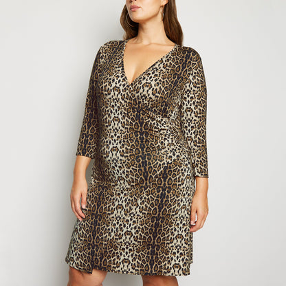 New Sexy Crossover V-Neck Leopard Print Dress Women's Plus Size