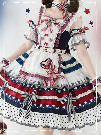 Dark Blue and Red Blueberry Cake Bow Accents Tiered Skirt Sweet Lolita JSK Full Set