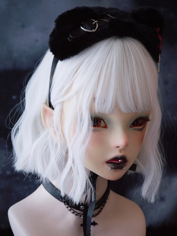 Black Cat Ear With Red Plaid Pattern Bowknot And Heart Buckle Details Hairband