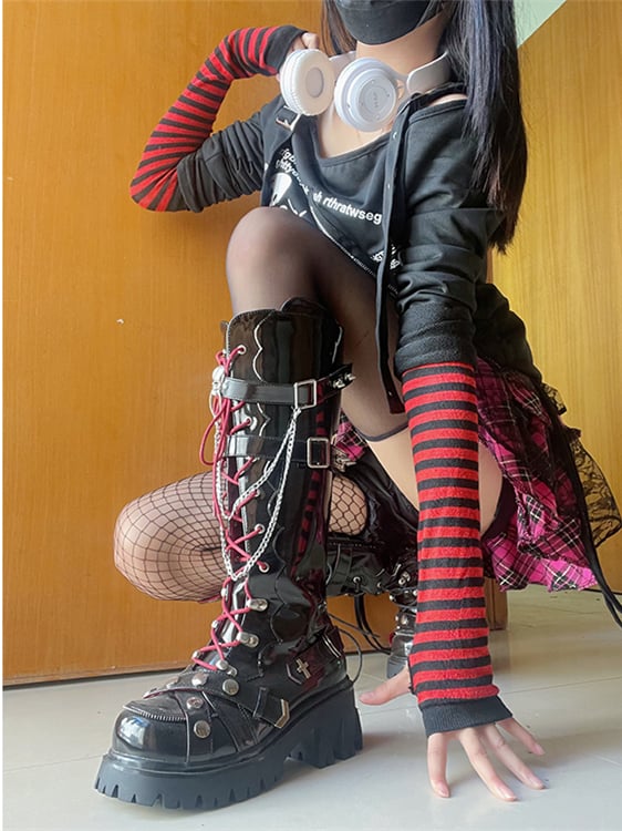 Studs and Skulls Decorated Punk Black Knee-high Boots