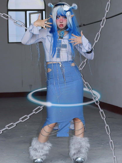 Y2K Cross Applique Tassels Bodice Knitted Top