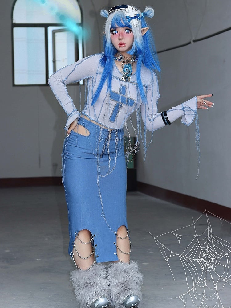 Y2K Cross Applique Tassels Bodice Knitted Top