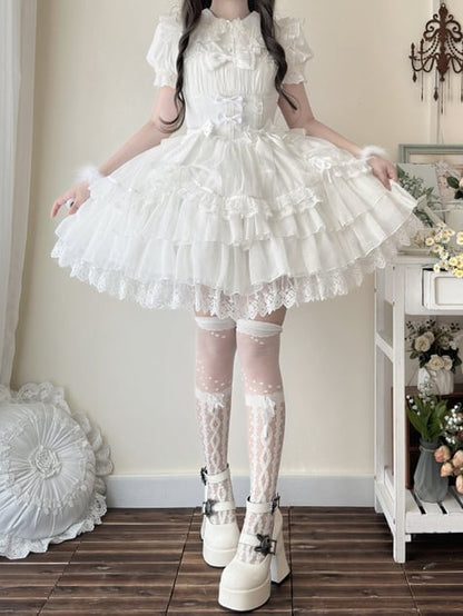 White Drawstring Overlay Tiered Skirt Princess Lolita Shiro Dress