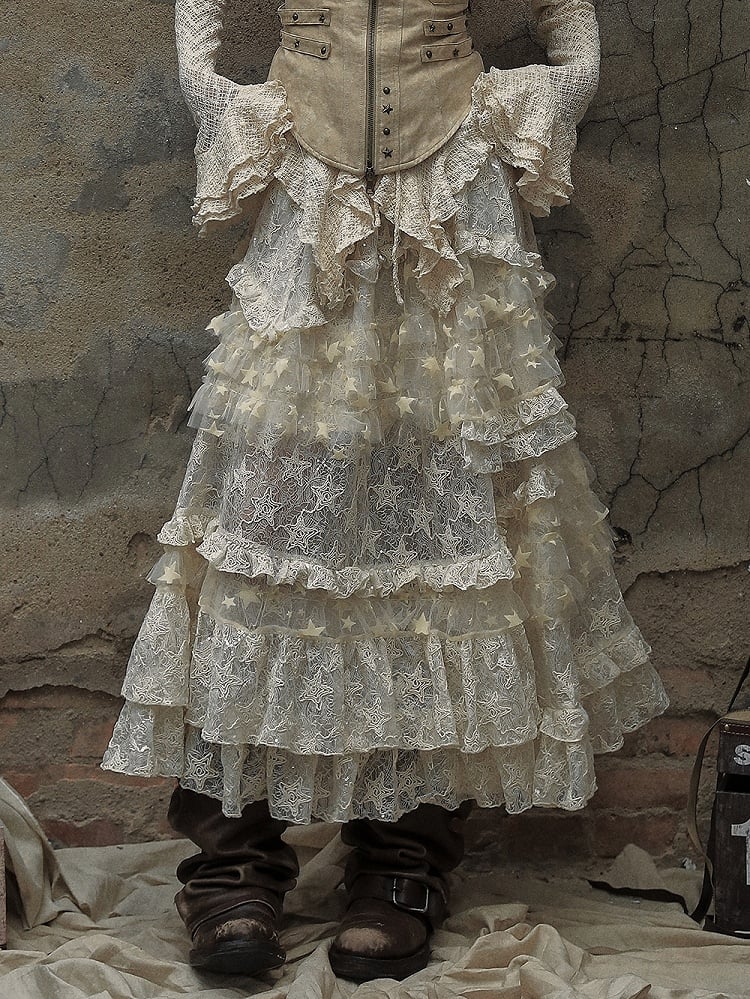 Apricot Vintage High Waist Romantic Stars Pattern Lace Skirt