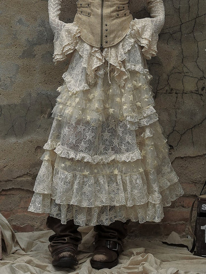 Apricot Vintage High Waist Romantic Stars Pattern Lace Skirt