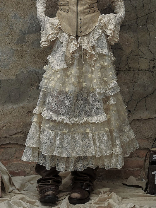 Apricot Vintage High Waist Romantic Stars Pattern Lace Skirt