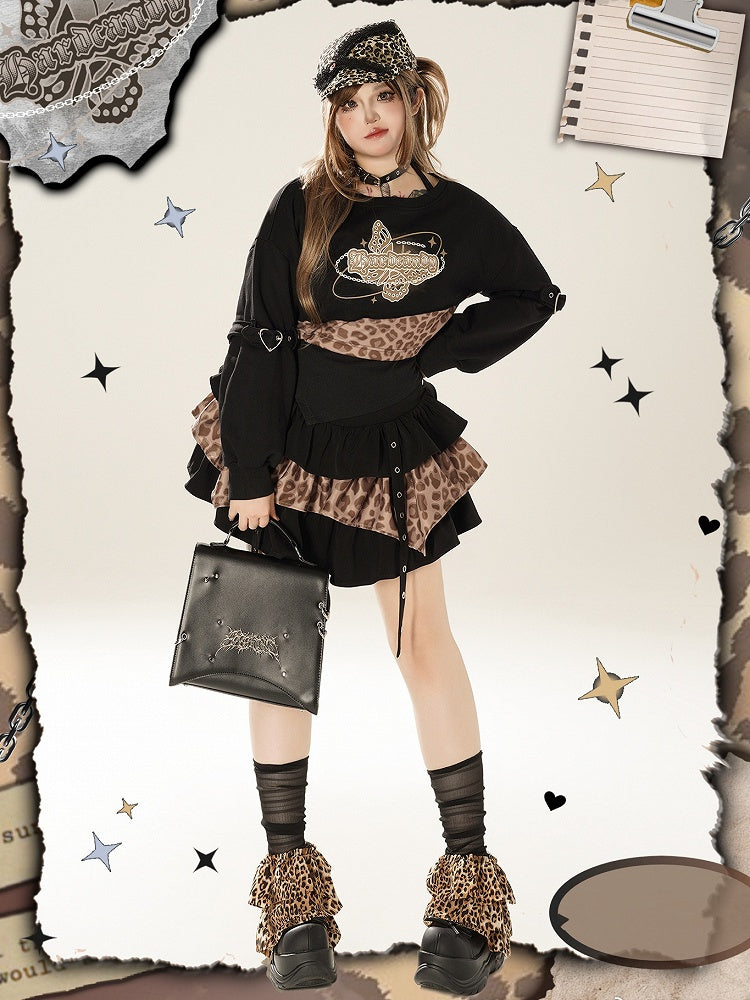 Plus Size Straps Design Leopard Pattern Black and Brown Tiered Skirt