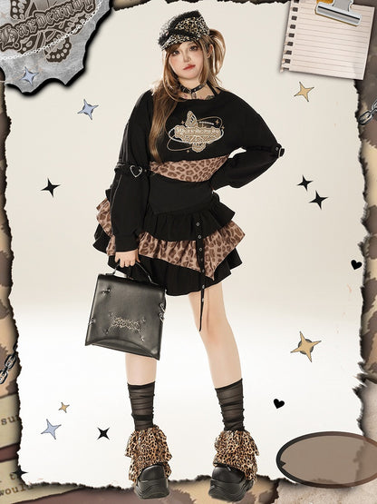 Plus Size Straps Design Leopard Pattern Black and Brown Tiered Skirt