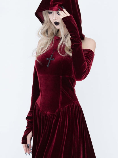 Medieval Witch Red Velvet Cutout Shoulder Gothic Vampire Hooded Dress