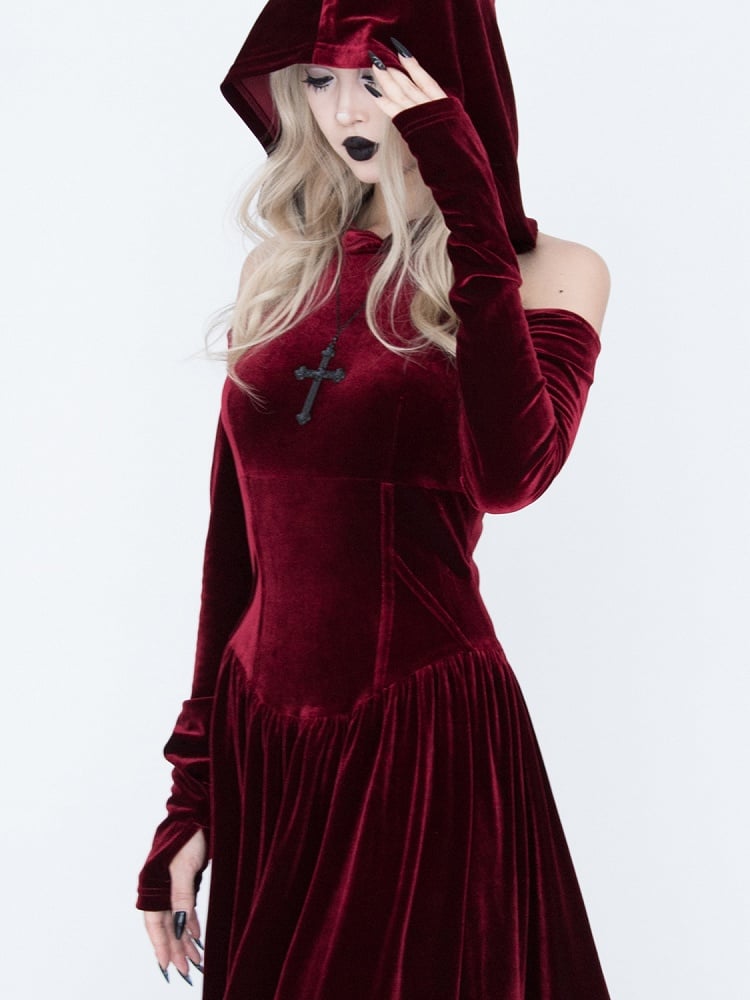 Medieval Witch Red Velvet Cutout Shoulder Gothic Vampire Hooded Dress