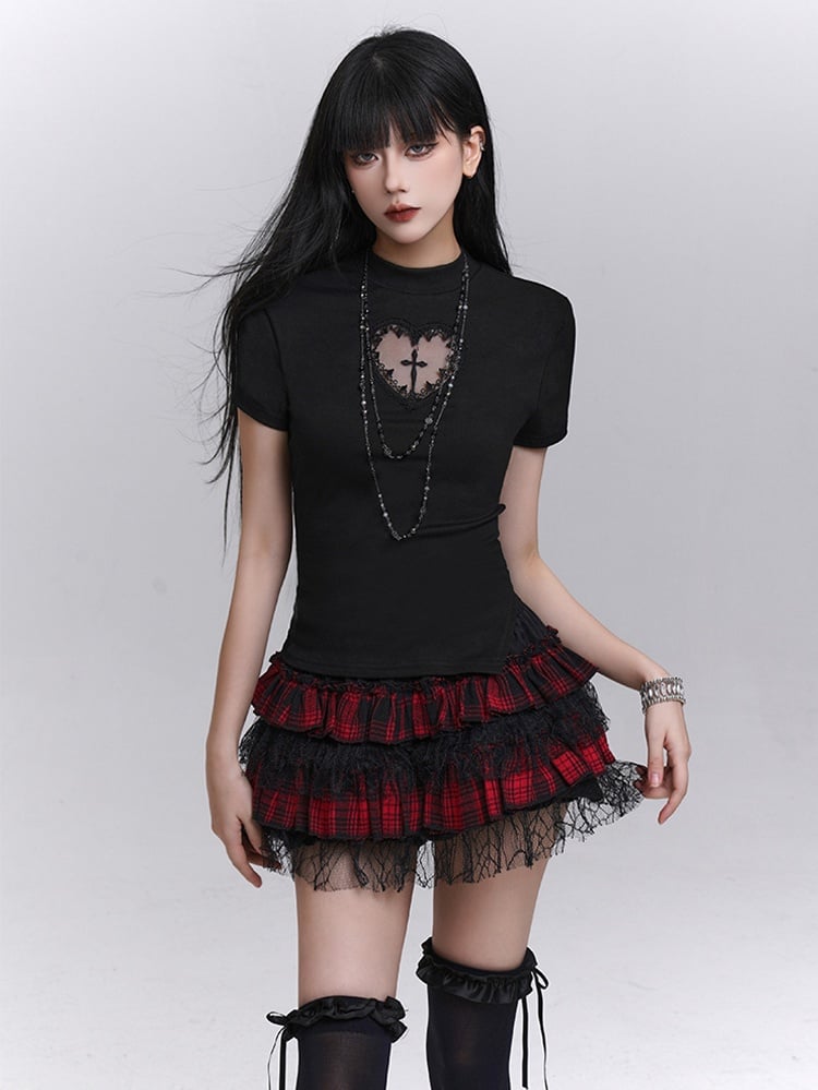 Black Mock Neck Heart-shaped Cutout Cross Print T-shirt