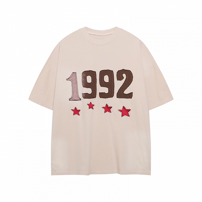 Beige/Red Faded Wash Number and Star Embroidery Vintage T-shirt