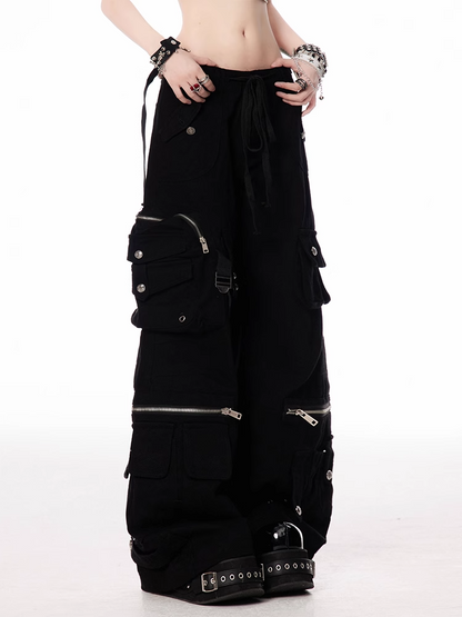 Black Low Waist Cargo Pockets Zipper Details Wide-leg Pants