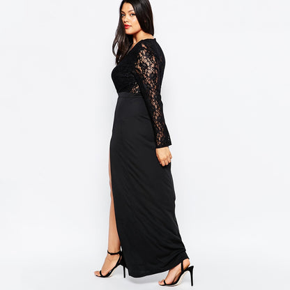 Plus Size Side Slit Lace Dress V-Neck Sexy Midi Dress Skirt