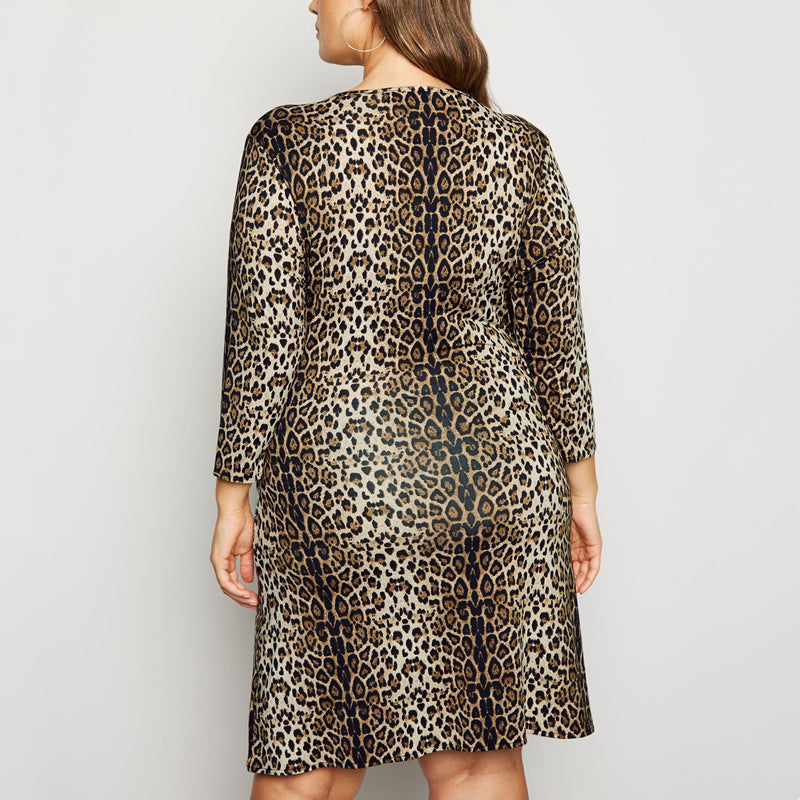 New Sexy Crossover V-Neck Leopard Print Dress Women's Plus Size