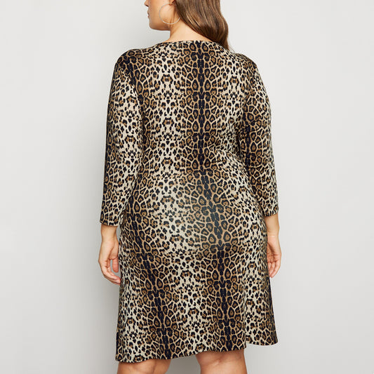 New Sexy Crossover V-Neck Leopard Print Dress Women's Plus Size
