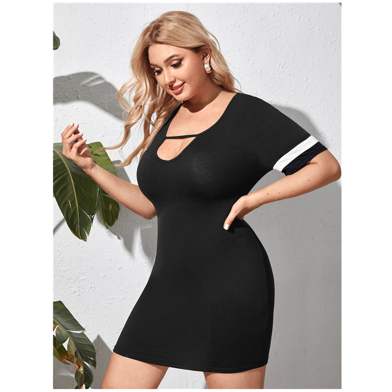 Color-Blocked Short Sleeve Dress Plus Size Chest Cutout Hip Skirt