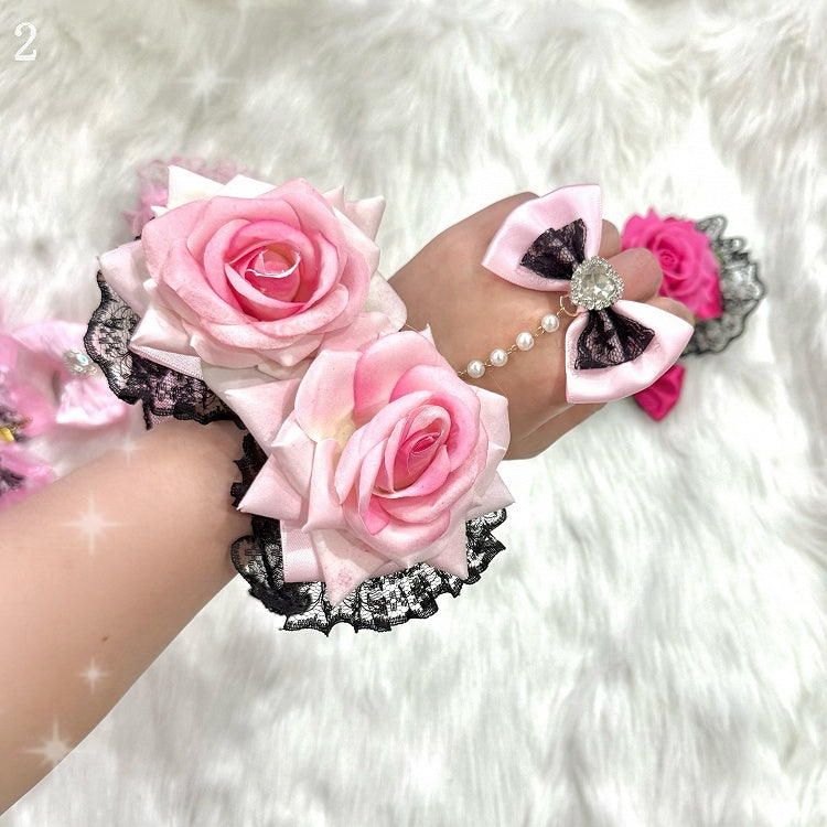 4 Options Floral Design Lace Trim Bracelet With Rhinestone Heart Decorated Bowknot Ring