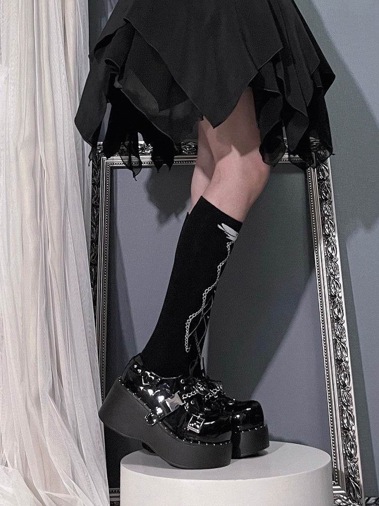 Devil's Trap Lace-up Closure Silver-tone Studs Polished Black Flatforms