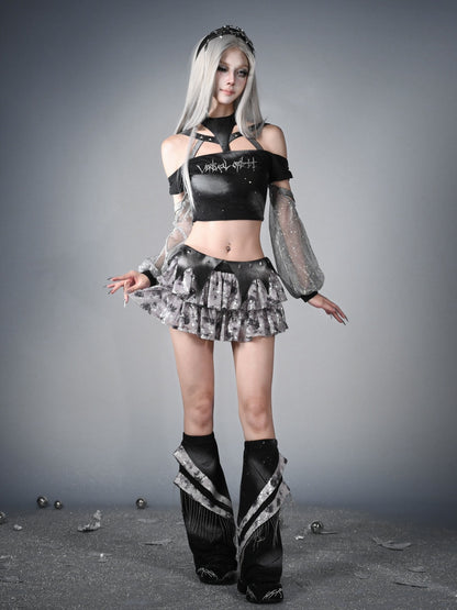 Y3K Fashion Futuristic Silver Gray Low Waist Bat Wing Detail Waistband Sequins Tiered Cyberpunk Skirt