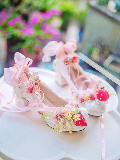 White&Pink Sweet Lolita Beaded And Strawberry Decorated Lace Trim 5CM/8.5CM Block Heels Shoes