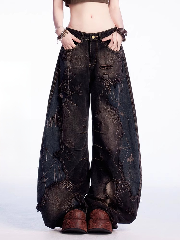 Black Low Rise Distressed Holes Raw Hem Wide-leg Jeans