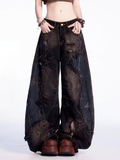 Black Low Rise Distressed Holes Raw Hem Wide-leg Jeans